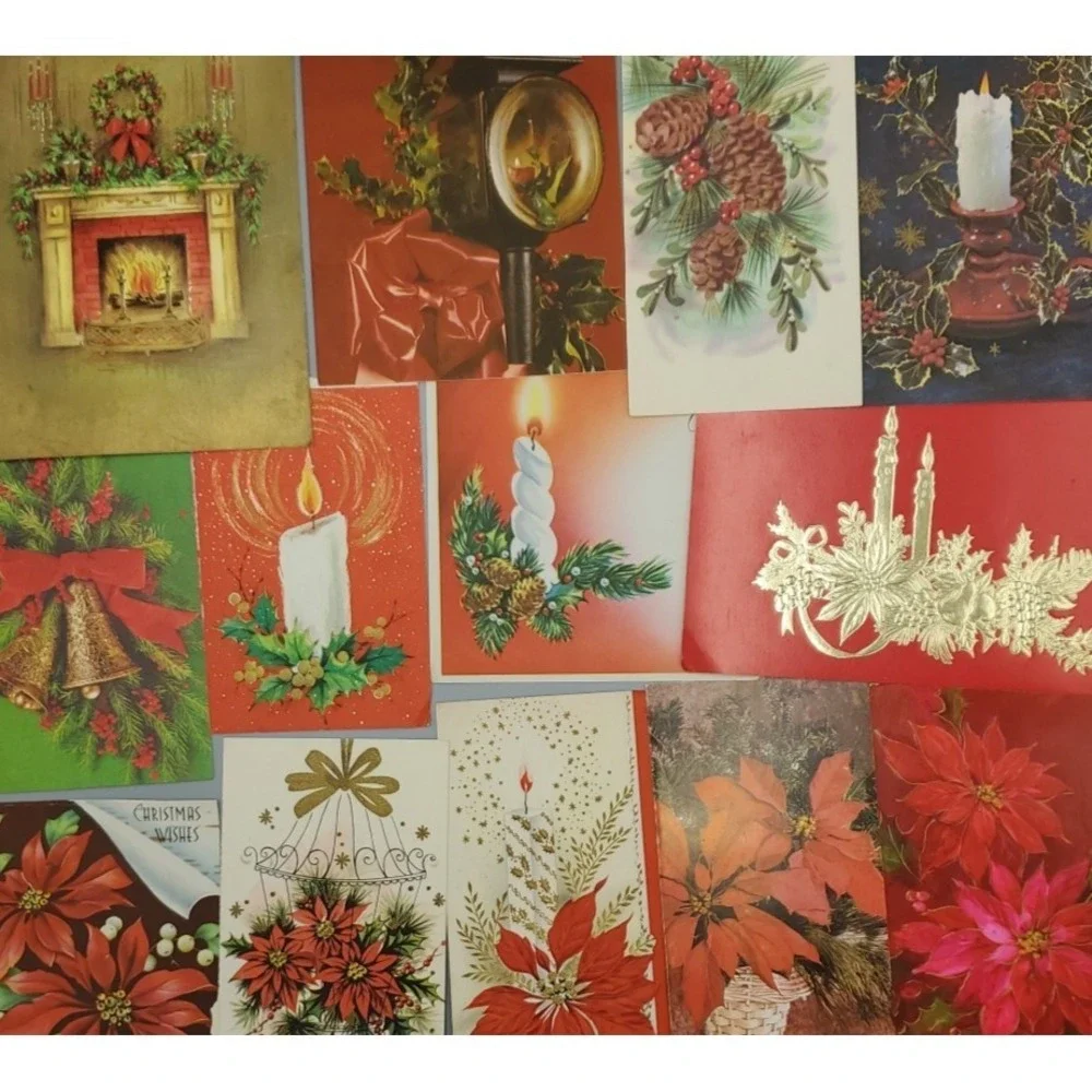 13 Old Vintage Used Greeting Card Fronts Crafts Poinsetta Candle Evergreen Holly